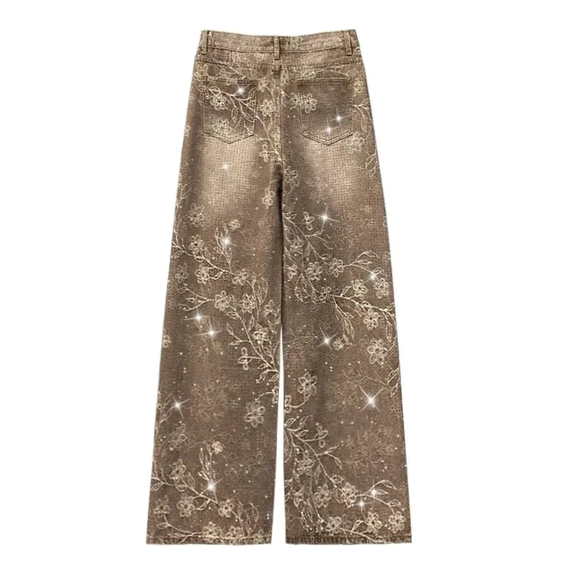 

Full Sky Star Hot Diamond Printed Casual Jeans Women Autumn New High Waist Loose and Slim Versatile Straight and Wide Leg Pants
