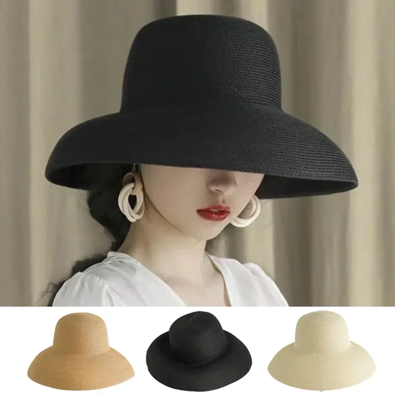 French Summer Hat New Female Sun Hat Folding Beach Hat Big Brim Sunscreen Wind Sun Hat Travel Vintage Beach Straw Hat