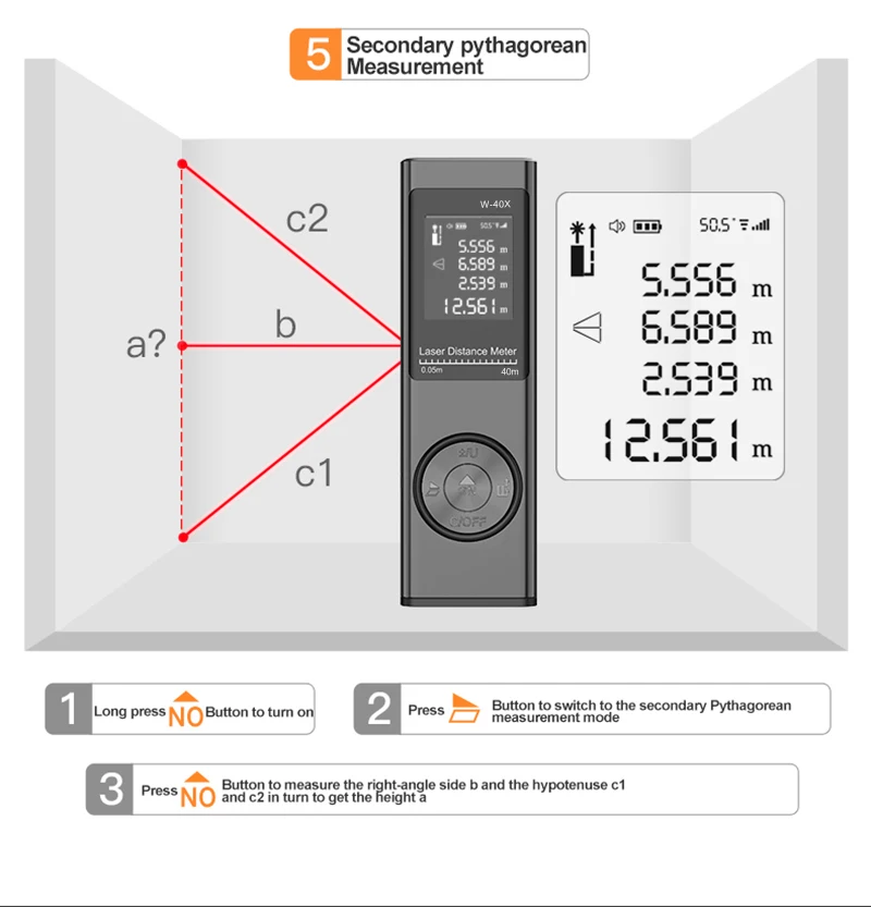 Imagem -05 - Telêmetro a Laser Digital com Ângulo Métrica Medidor de Distância a Laser Fita Métrica 40 m 60 m 80m