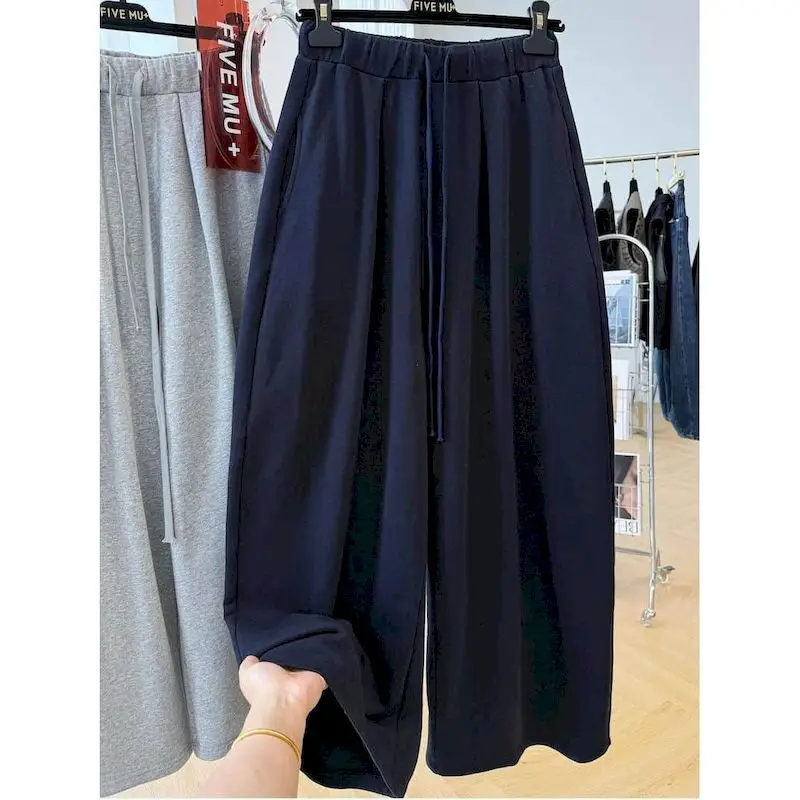 ワイドレッグパンツ女性用ソリッドヴィンテージ原宿韓国スタイル弾性ウエストズボン女性服ルーズカジュアルだぶだぶのスウェットパンツ