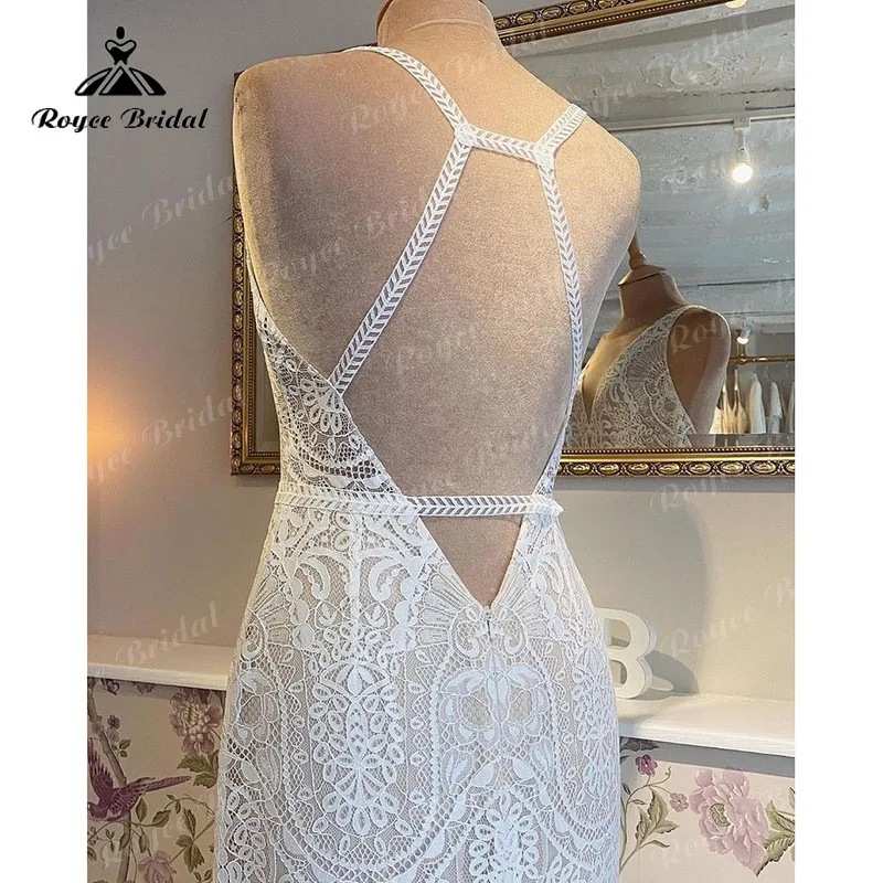 2022 Vestidos Mermaid Tank Lace Boho Wedding Dress Open Back V Neck Sleeveless Trumpet Bridal Gown Beach trajes de novias largos