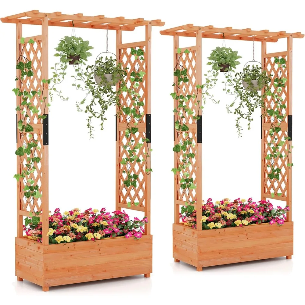 Set of 2 Raised Garden Bed with 2-Sided Trellis & Hanging Roof, Fir Wood Planter Box w/Drainage Holes,  43.5