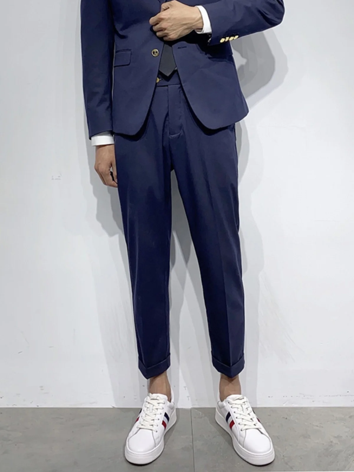 

Slim Fit Men's Casual Pants Nine-Tenths Anti-Wrinkle Thin Small Foot Roll West Pants Summer Faion Urban Polyester Blend