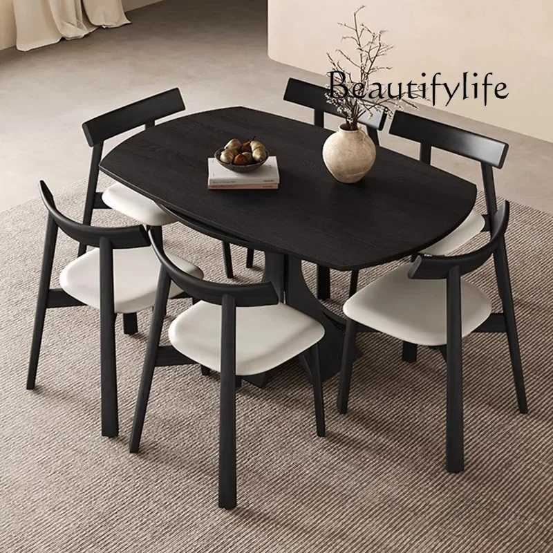 

Q French solid wood dining table, antique walnut round table, retro household ash wood round small apartment dining table and ch