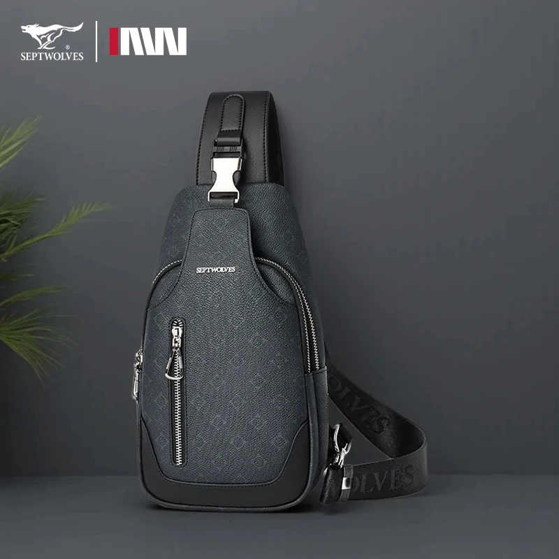 Septwolves Business Thin Printed Leather Crossbody Sling Bag Man Fashion Casual Travel Monogram Print Fabric iPad Shoulder Bag