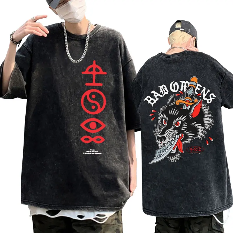 

Washed Vintage T-shirts Men Rock Band Bad Omens Tour Concert 2023 T Shirt Hip Hop Retro Oversized Tee Shirts Male Y2k Streetwear