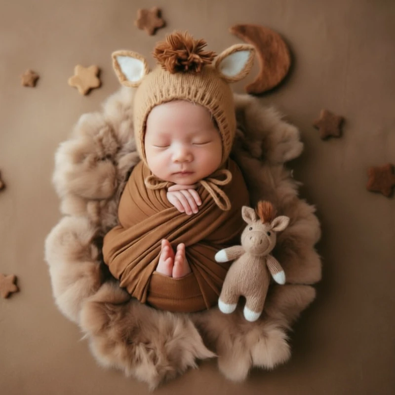Newborn Photography Props Animals Handmade Knitted Horse Doll Hat with Ears for Baby Studio Photoshoot Accessories Prop