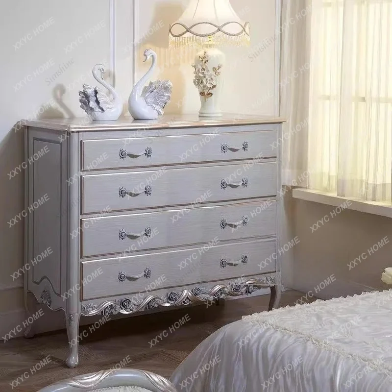 L four-chest cabinet, bedroom solid wood carving flower drawer cabinet, blue old storage cabinet