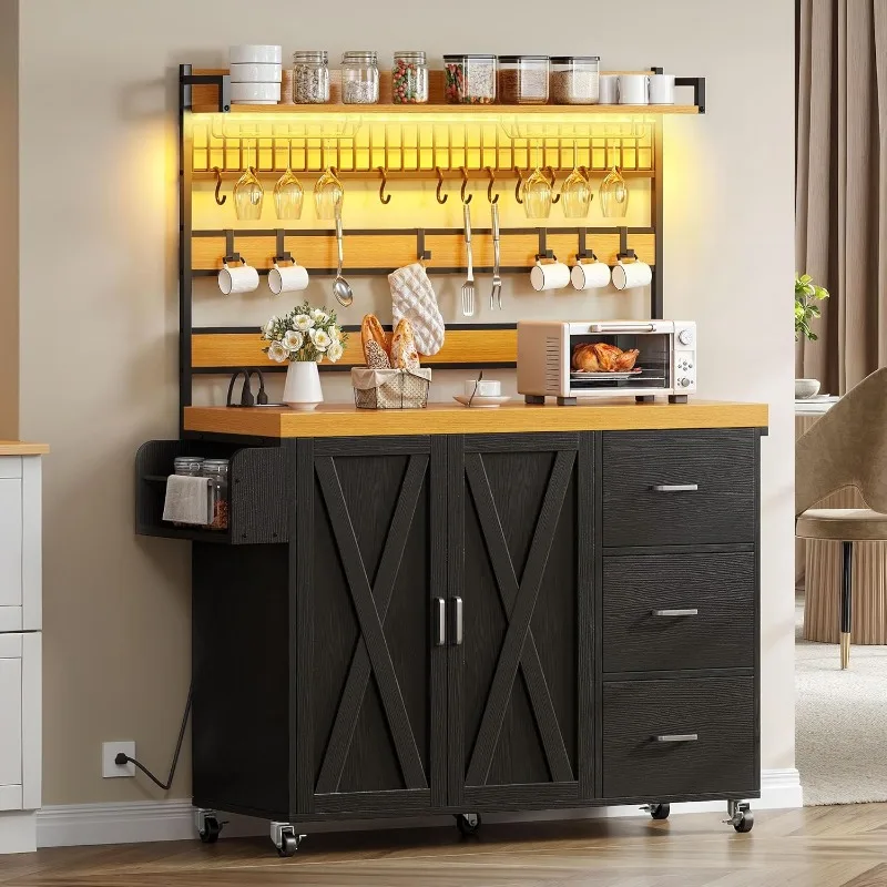 رف الخبازين مع مخرج طاقة وإضاءة LED، حامل ميكروويف مقاس 53 بوصة مع خزانة تخزين وعداد سميك، بيت المزرعة