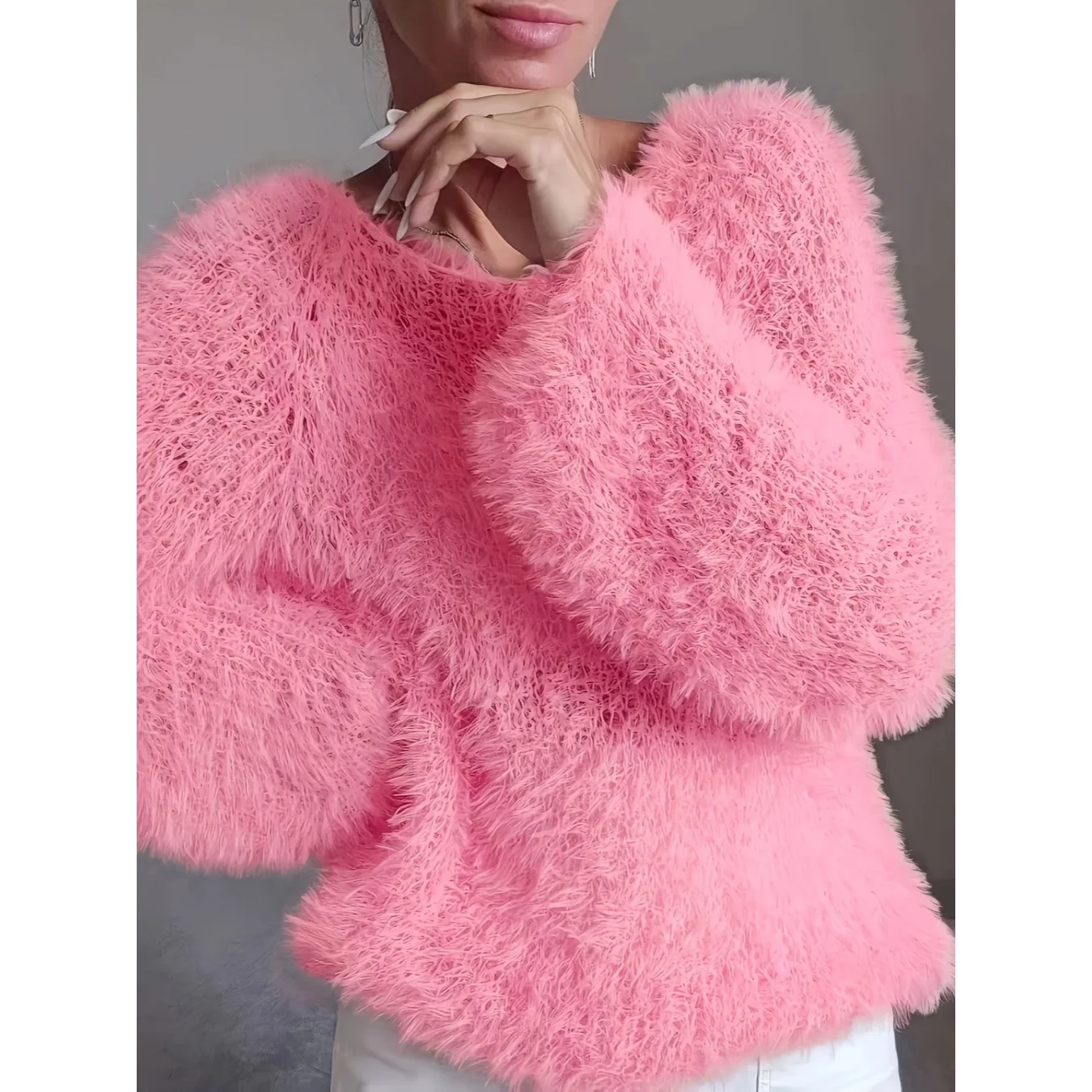 2026 Women's Macaron-colored Round-neck. Fluffy. Design Solid-color Long-sleeve Fuzz Top Wedding Dress Y2k、 Clothes Outfits