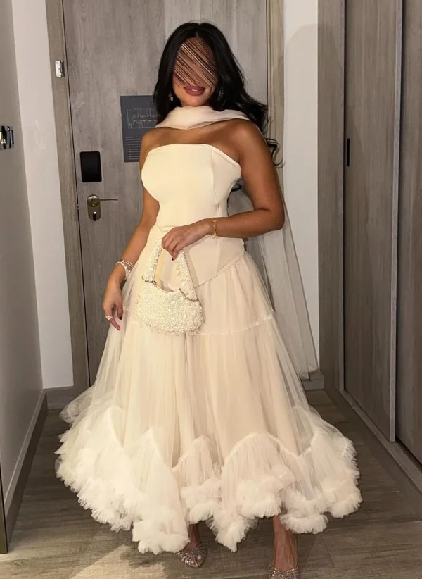 فستان نسائي مخصص عالي الجودة بدون حمالات بدون أكمام بطول الكاحل فستان أبيض من التل فساتين سهرة فساتين حفلات السهرة