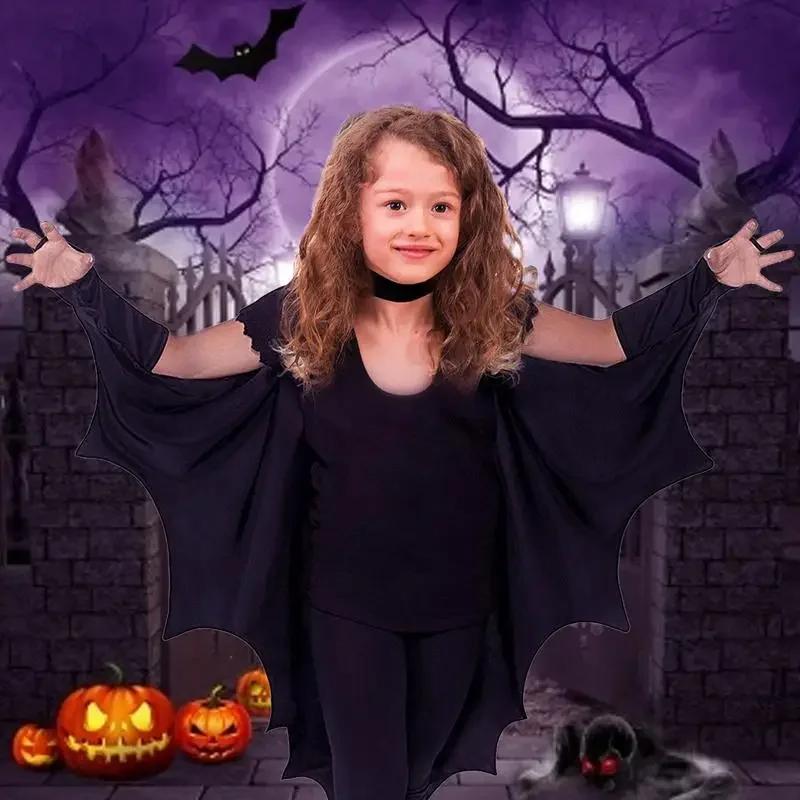 Unisex Halloween black bat wing Cape cloak costume for Kids Child Boys Girls vampire dress up accessories