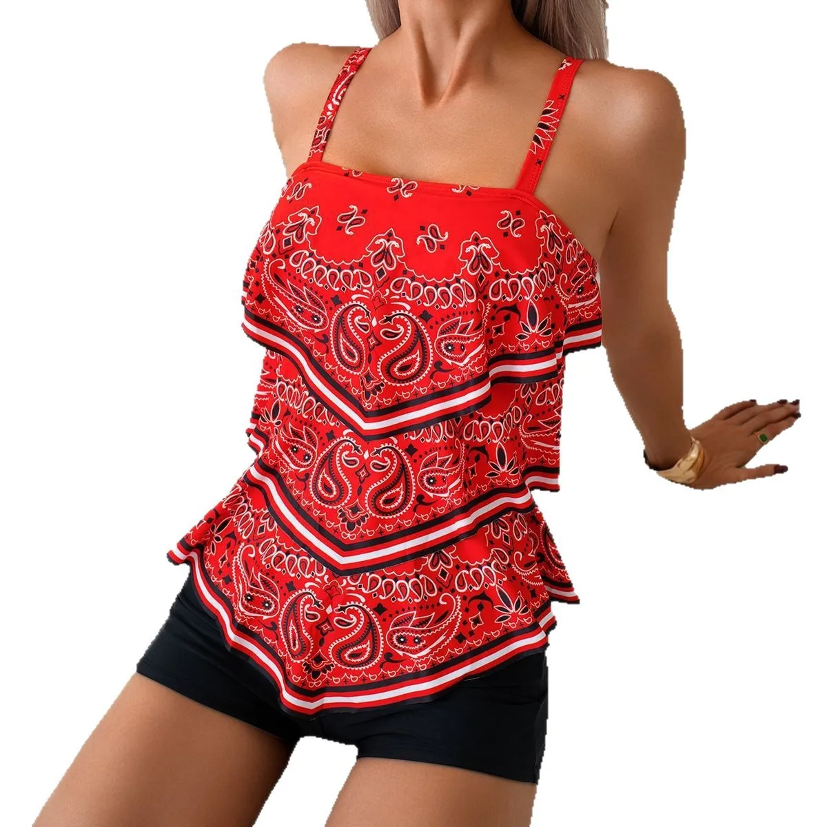 Retro Tankini Tummy Control With Shorts Sleeveless Bandana Print Tankini Top High Waist Modest Coverage Tankini Set Solid Black