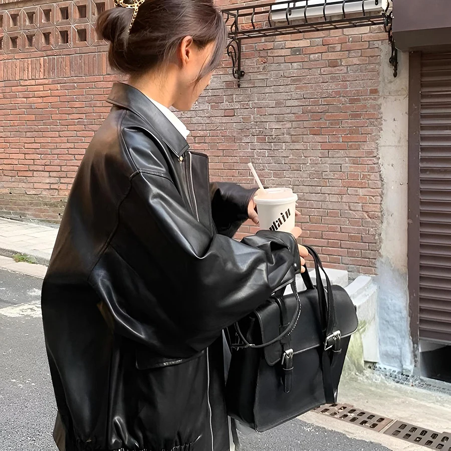 Retro Brown Leather Jacket Women's Short Loose Motorcycle Outerwear Spring Autumn Korean Style Small Size PU Leather Coat