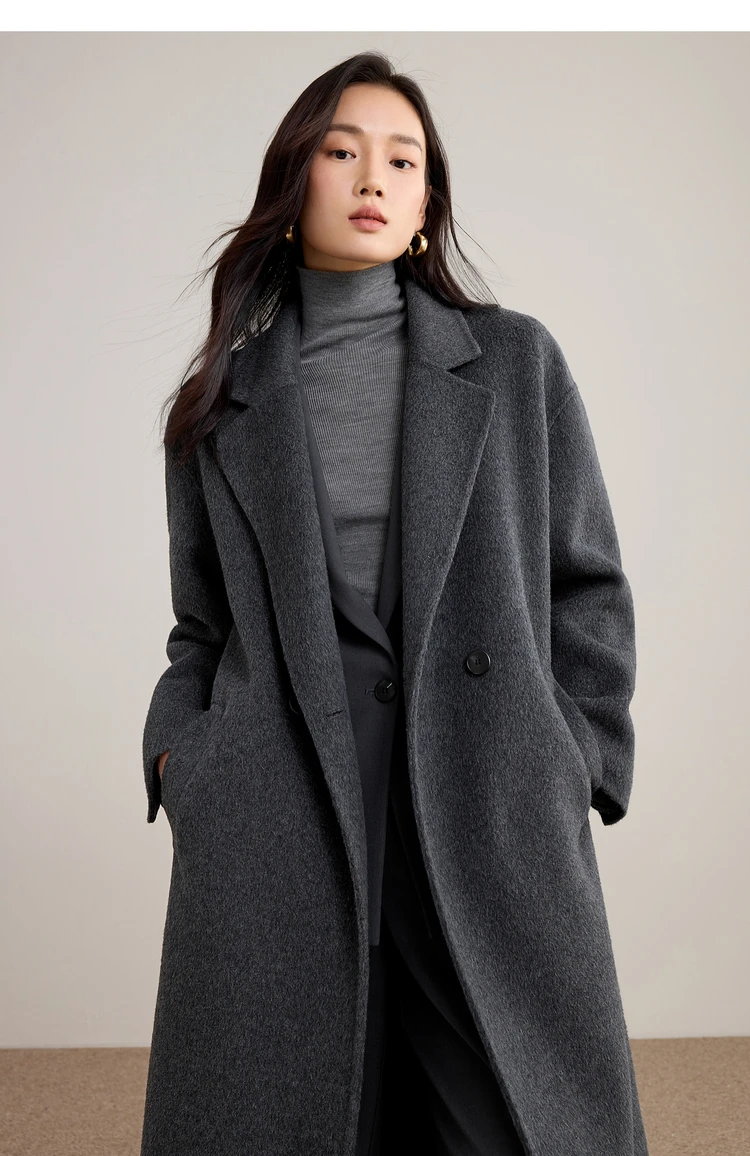 SENTUBILA Damen 100% Wolle Doppelseitiger Mantel Winter 2026 Anzug Reverskragen Klassischer Pendlerstil Langer Übermantel W54OA8779 – Detail 35