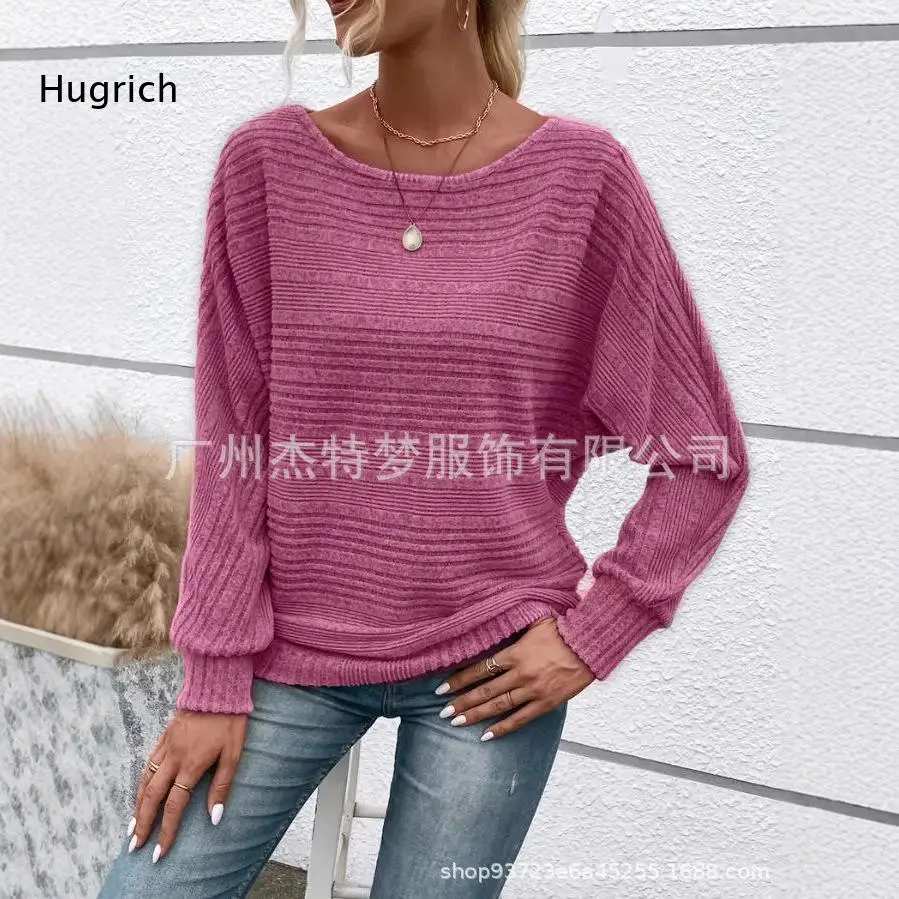 Women Gray Striped Knit Pullover Wide Neck Batwing Long Sleeve Oversized Casual Sweater view 3
