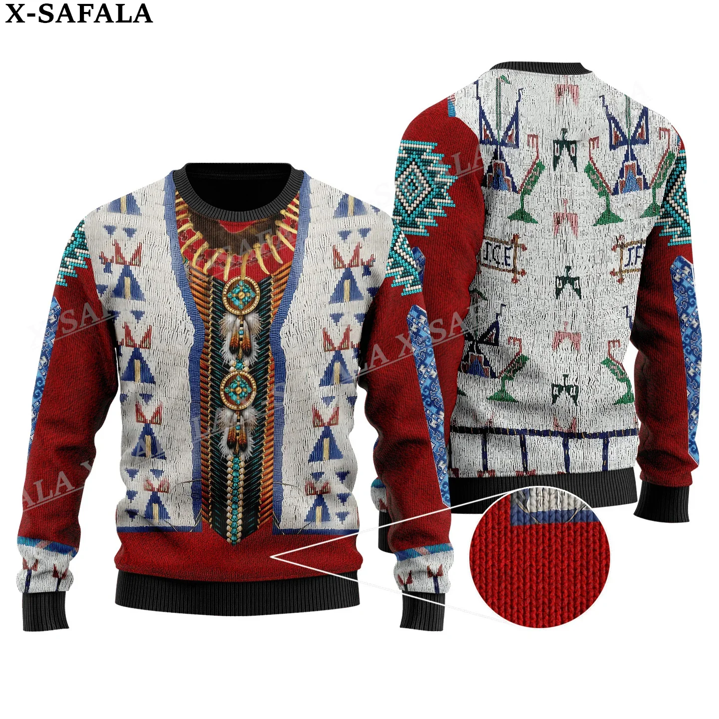 Feather Native Wolf Pattern Ugly Christmas Knit Sweaters Funny Gift Jumpers Tops Couple Holiday Party Unisex Casual-16