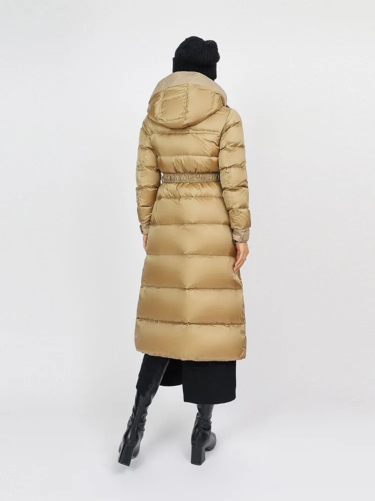 High-end Women Mid-Length Down Jacket Over-the-knee Puffer Jacket Thicken Cinched Waist Slim-Fit  Detachable Hood 90% Down Fill