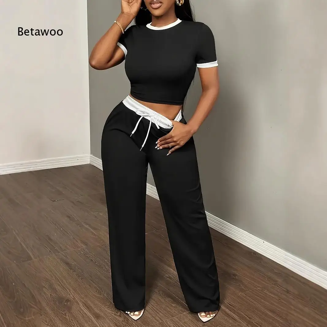 Color Block Neckline Cuff Cropped Tee Wide Leg Sweatpants Set