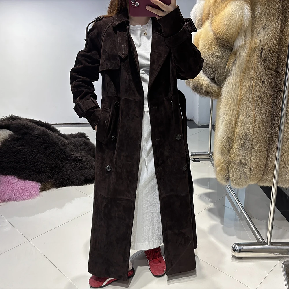YOLOAgain Double Breasted Suede Jacket Coat Women Real Leather Trench Coat