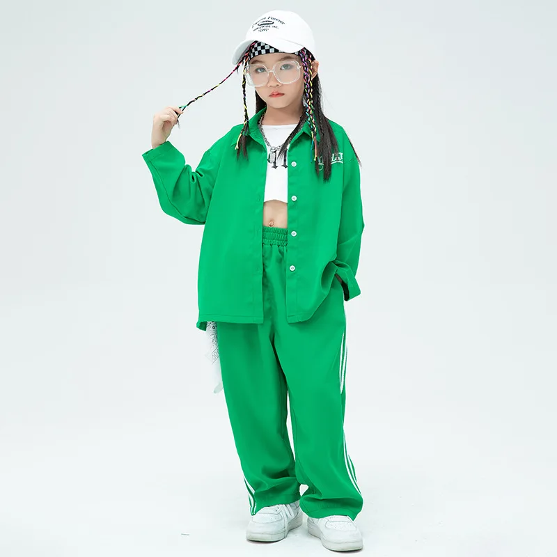Boys Hip-hop Clothes Street Dance Clothing Kids Sets Green Top Pants for Girls Children Jazz Performance Clothing