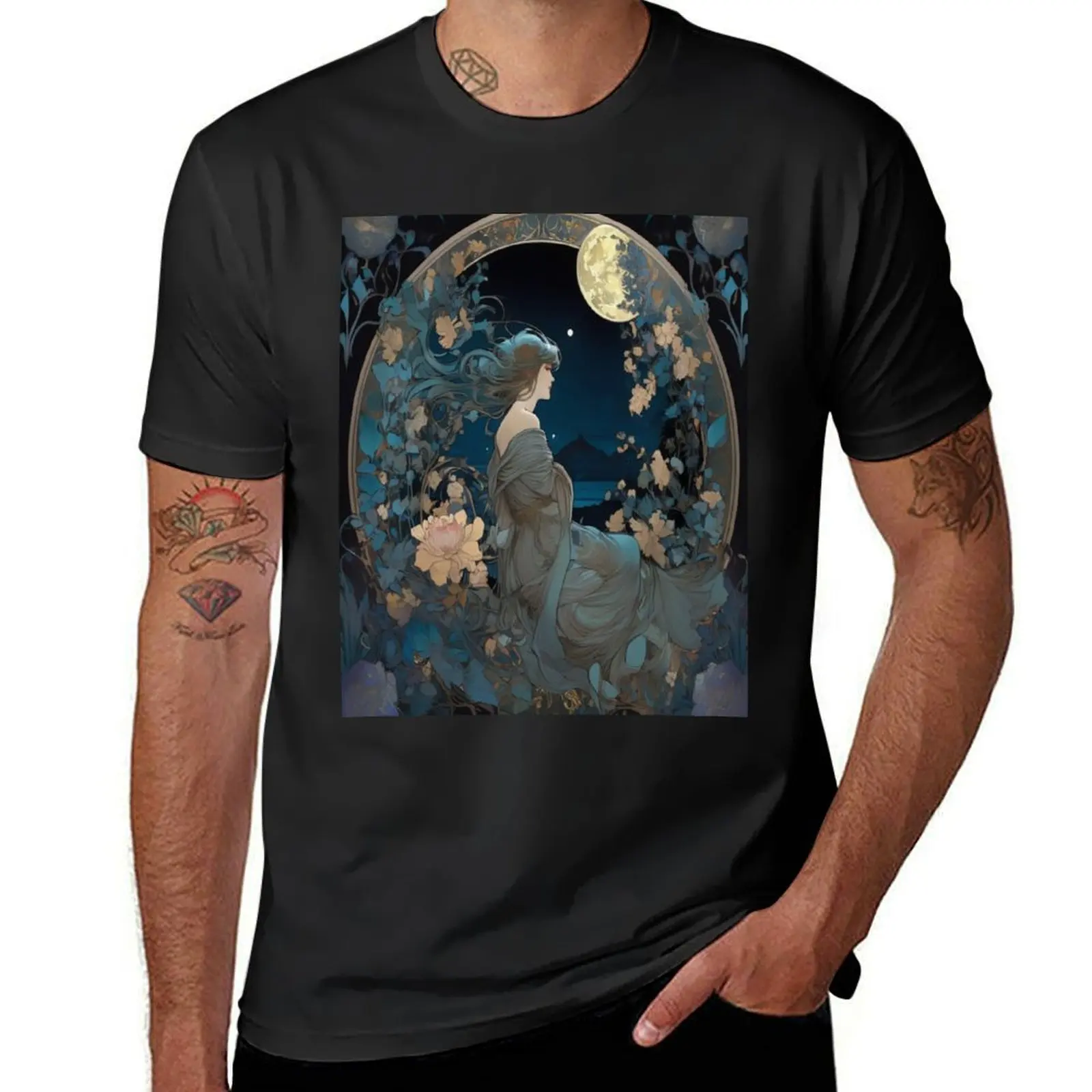 Celestial Elegance Inspired By Mucha Moon Art T-Shirt oversizeds anime tees aesthetic clothes Short sleeve tee men