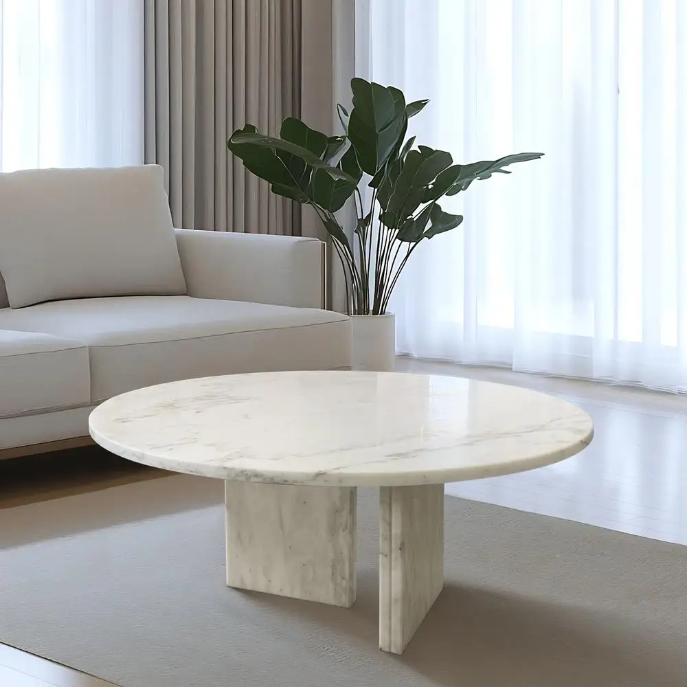 

White Natural Marble Coffee Table Real Stone Centerpiece Minimalist Luxury Designer Furniture Ø27.6 h12.6 Inch