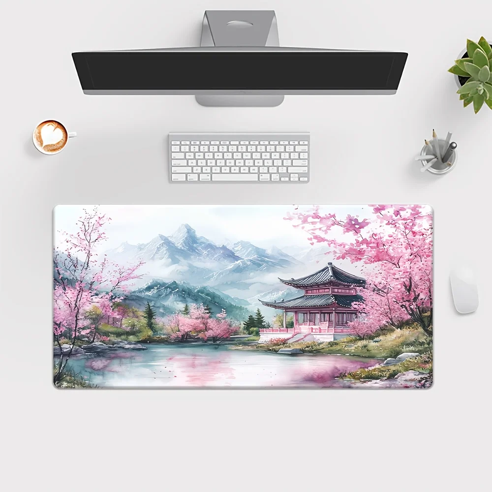 Watercolor Cherry Blossom Gaming Mouse Pad,Large Non-Slip Desk Mat with Traditional Pavilion Print for Gamers & Cozy Home Office
