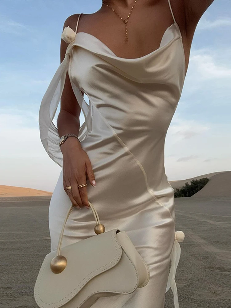 Elegant White Satin Backless Maxi Dress For Women Sexy Bodycon Sleeveless Tassels Pleated Long Dresses Vocation Beach Party Robe