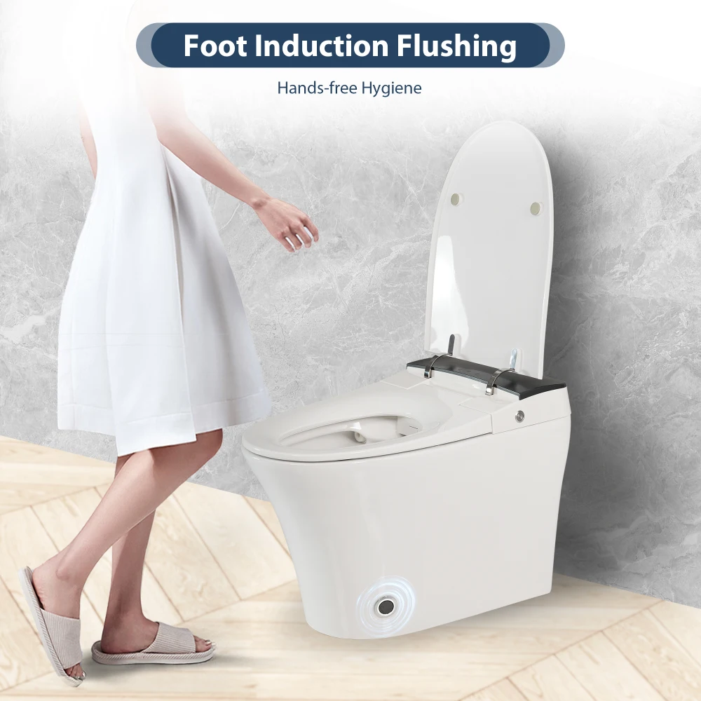 Heated Seat Smart Toilet, One Piece Toilet, Automatic Flush Tankless Toilet without Bidet, with Foot sensor Flush, Blue Night