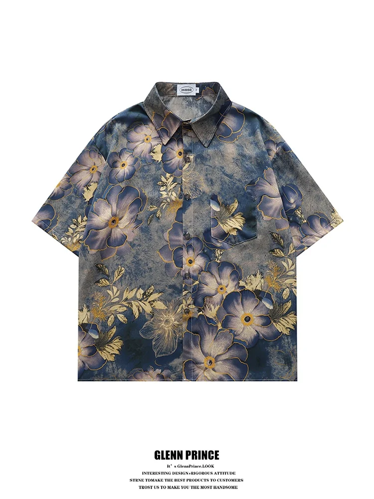 

Loose ort Sve Floral Print irt Men's Summer Casual Sle Polyester Fiber GPstudio New Chinese Vintage Feeling irt