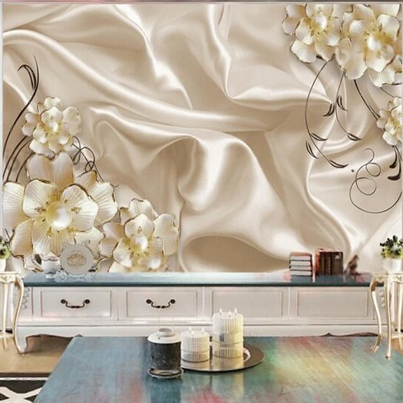 Modern simple and elegant champagne satin gold 3d Pearl Flower Office Study Dining Room decorative murals beaded background wall