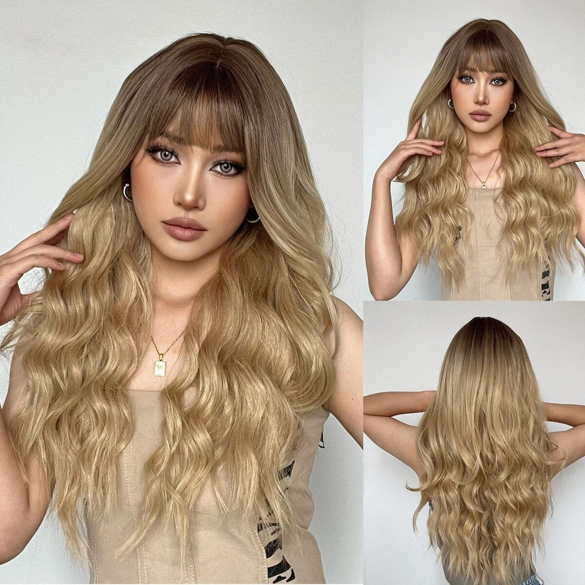 

US Long Wavy Curly Dark Brown Root Ombre Blonde Wigs with Bangs Hair Daily Use