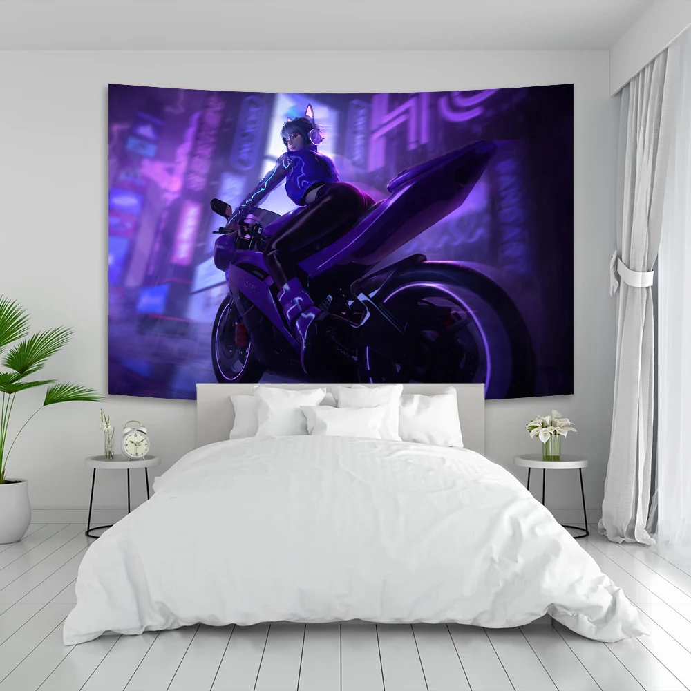 

Cyberpunk Style Tapestries Sci-Fi Scenes Wall Hanging Rugs Motorcycle Printed Background Cloth Cool Girl Bedroom Decor