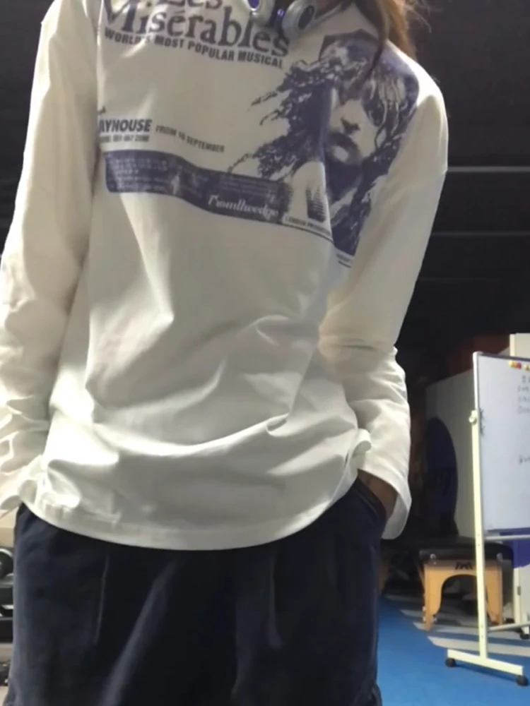 Retro americano manchado impressão longa sve redonda ne camiseta feminina primavera outono solto casual base irt topo tecido de algodão