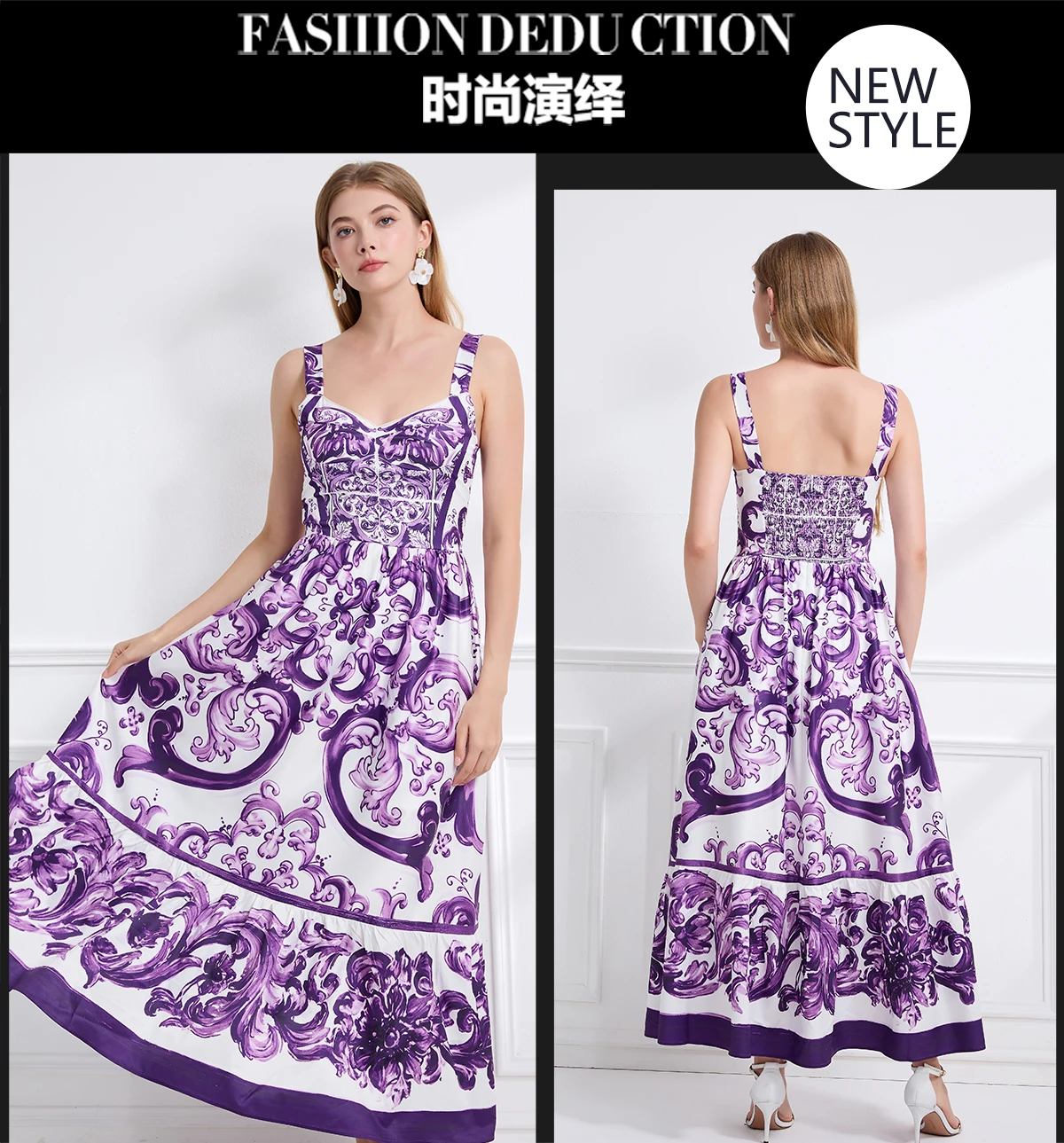 Vestido largo de diseñador de moda de verano para mujer, vestido Sexy con tirantes finos y estampado de porcelana azul y blanca, vestido informal para vacaciones