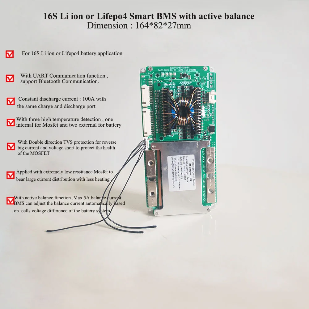 

16S lifepo4 48V or 60V Li ion smart active balancer BMS with 100A constant current with active equalizer max 5A