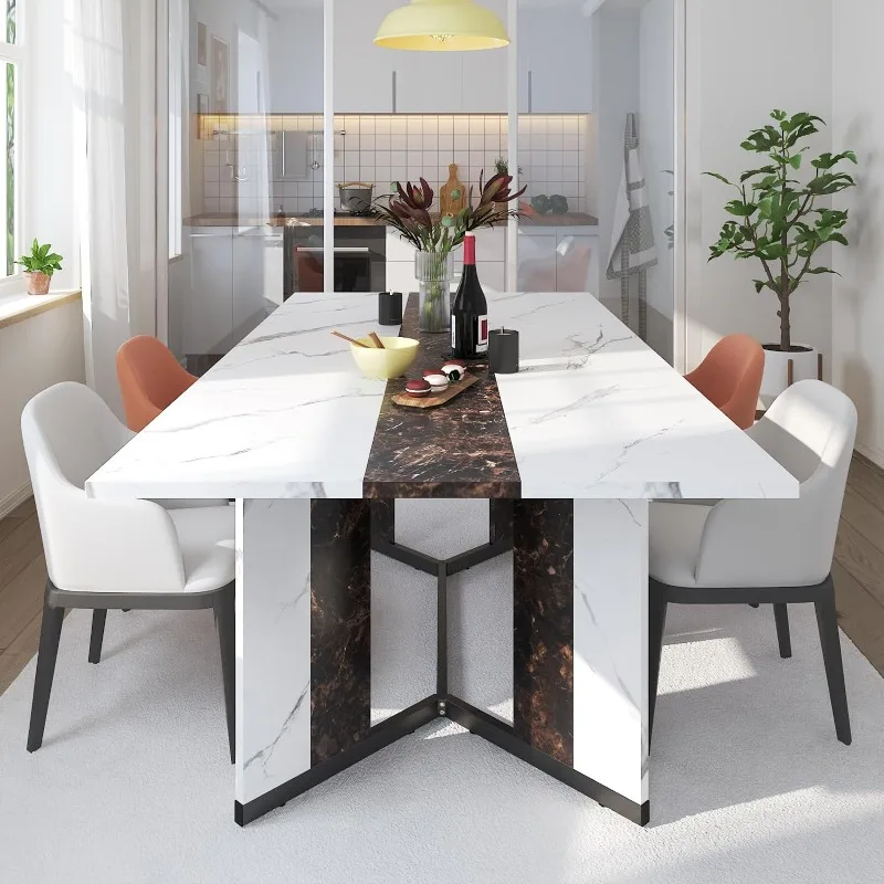 71In Large Rectangular White Dining Table for 4 5 6 7 8 People w/35 Marble-Color Wood Watrproof Tabletop,Adjustable Leg