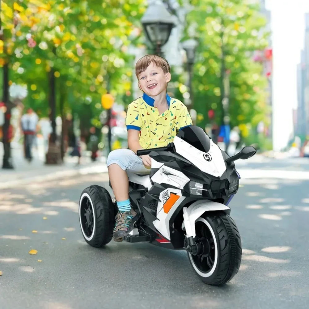 Whtie Motorcycle for Girls, 12V Powered Ride on Motorcycle for Kids 2-6, Child Electric Dirt Bike with 3 Wheels, Bluetooth Music