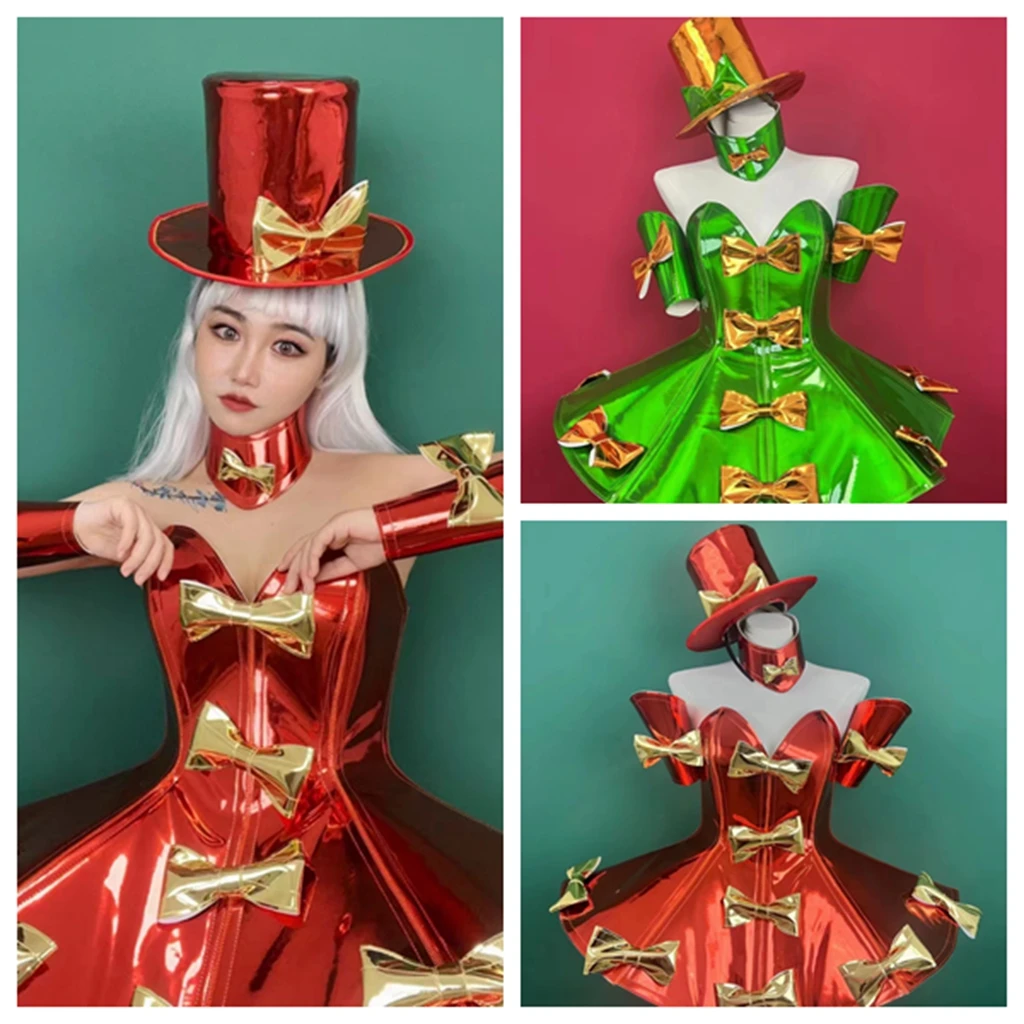 Christmas Costume Bow Dress Hat Cuff Neck Set Bar Nightclub Singer Dance Stage Birthday Party Amusement Park Tour Armor Outfits