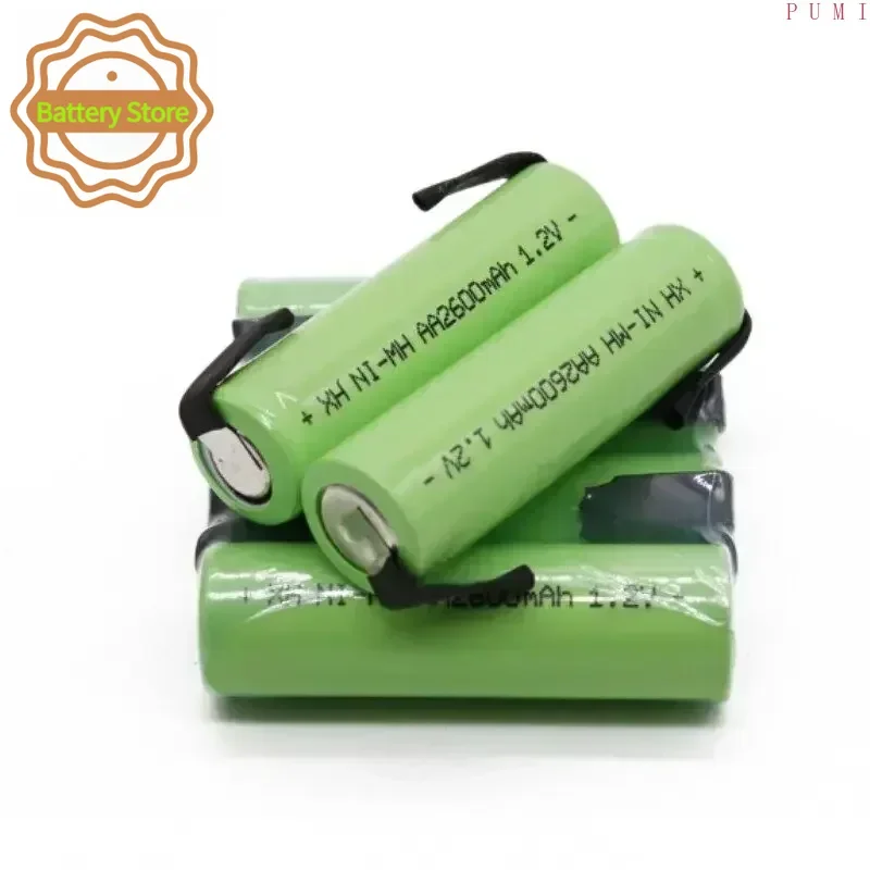 New AA 1.2V 2600mAh Rechargeable Battery Ni MH Battery Green Shell For Philips Electric Shaver Toothbrush With Welding Lug