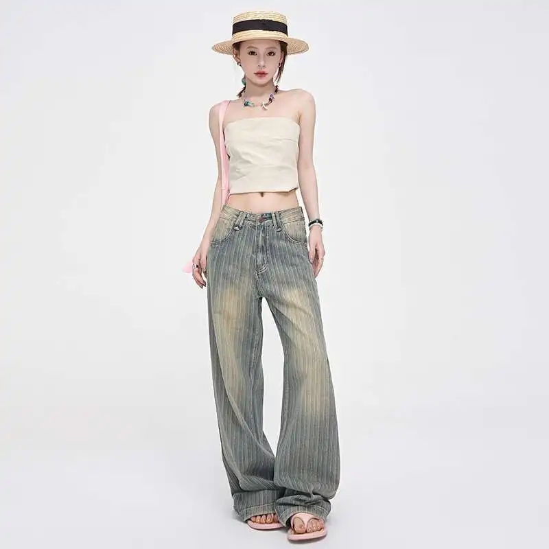 Personality Casual American Retro Light Color Do Old Low Waist Straight Stripe Jeans Y2k Original Micro Straight Leg Mops Pants