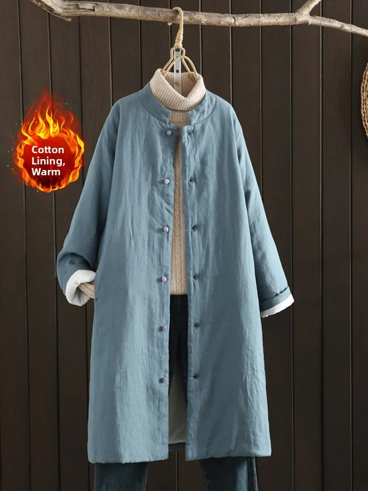 

Women's Loose Fit Cotton Mid-Length Stand Collar Button-Up Warm Comfortable Cotton Coat Pure Color Inner Filling