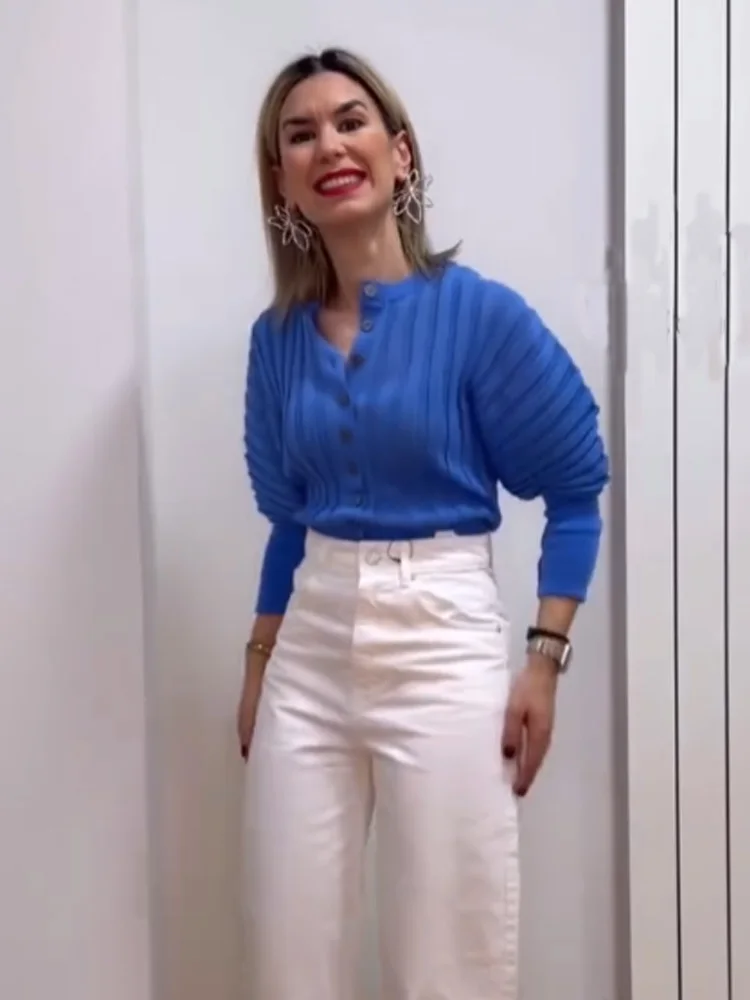 

HH Women New Fashion Round Neck Hand Accordion Sleeve Knitted Jacket Female Casual Single Breasted Long Sleeve Cardigan Sweater