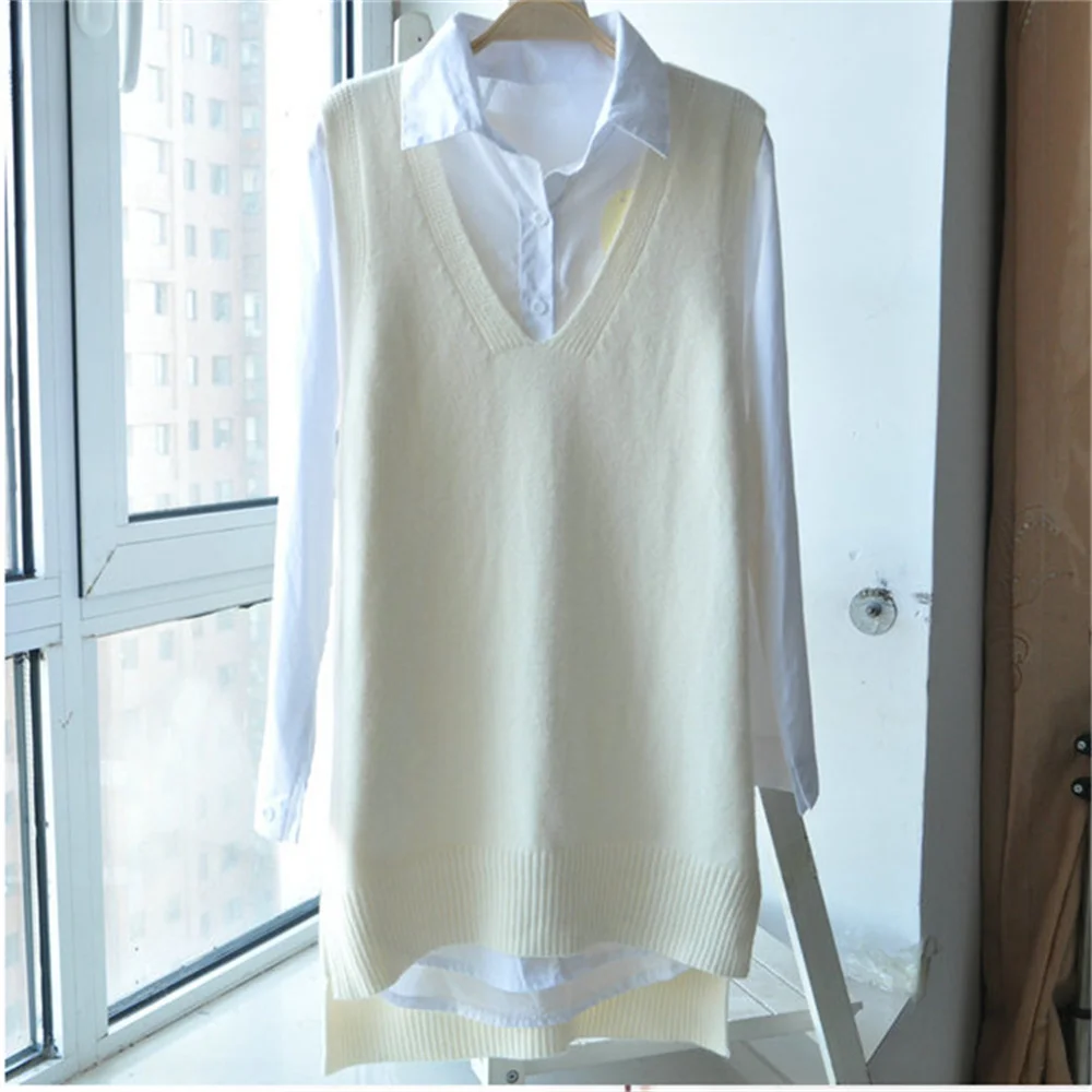 Korean Women Knitted Sweater Sleeveless College Style Women Loose Vest Ladies V-Neck Pullover Tops Female Waistcoat Pull Femme