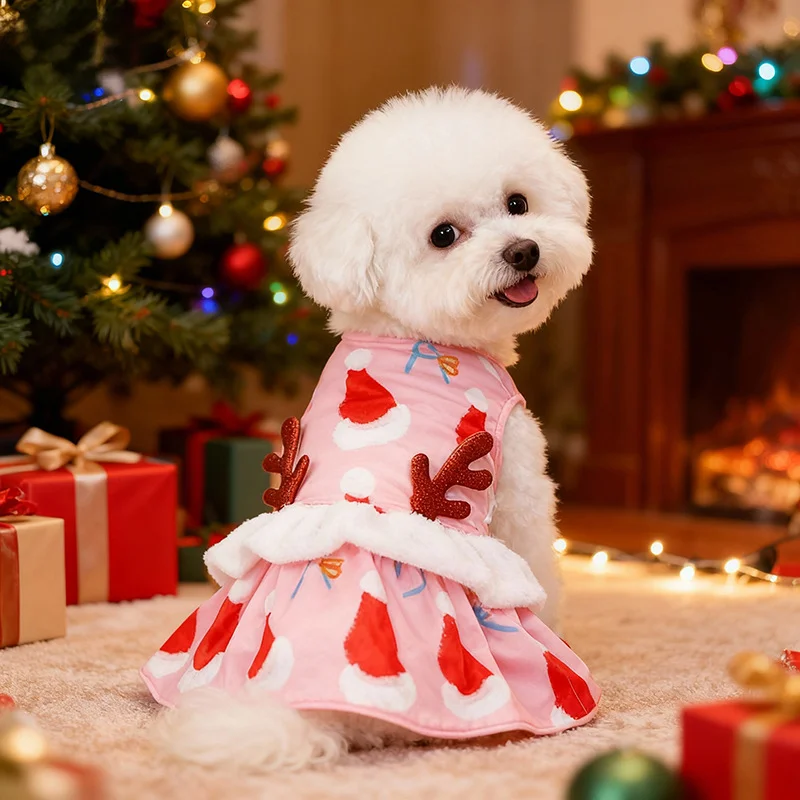 Pet Christmas Outfit Cute Pink Lace Trim Adorable Print 3D Antlers Holiday Costume Party Accessory for Small Dogs Puppies
