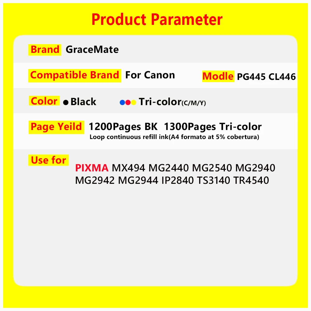 PG 445 PG445 XL CL446 PG-445 CL-446 Refillable Ink Cartridges Compatible for Canon Pixma IP2840 MX494 MG2440 MG2540 MG2940 3040