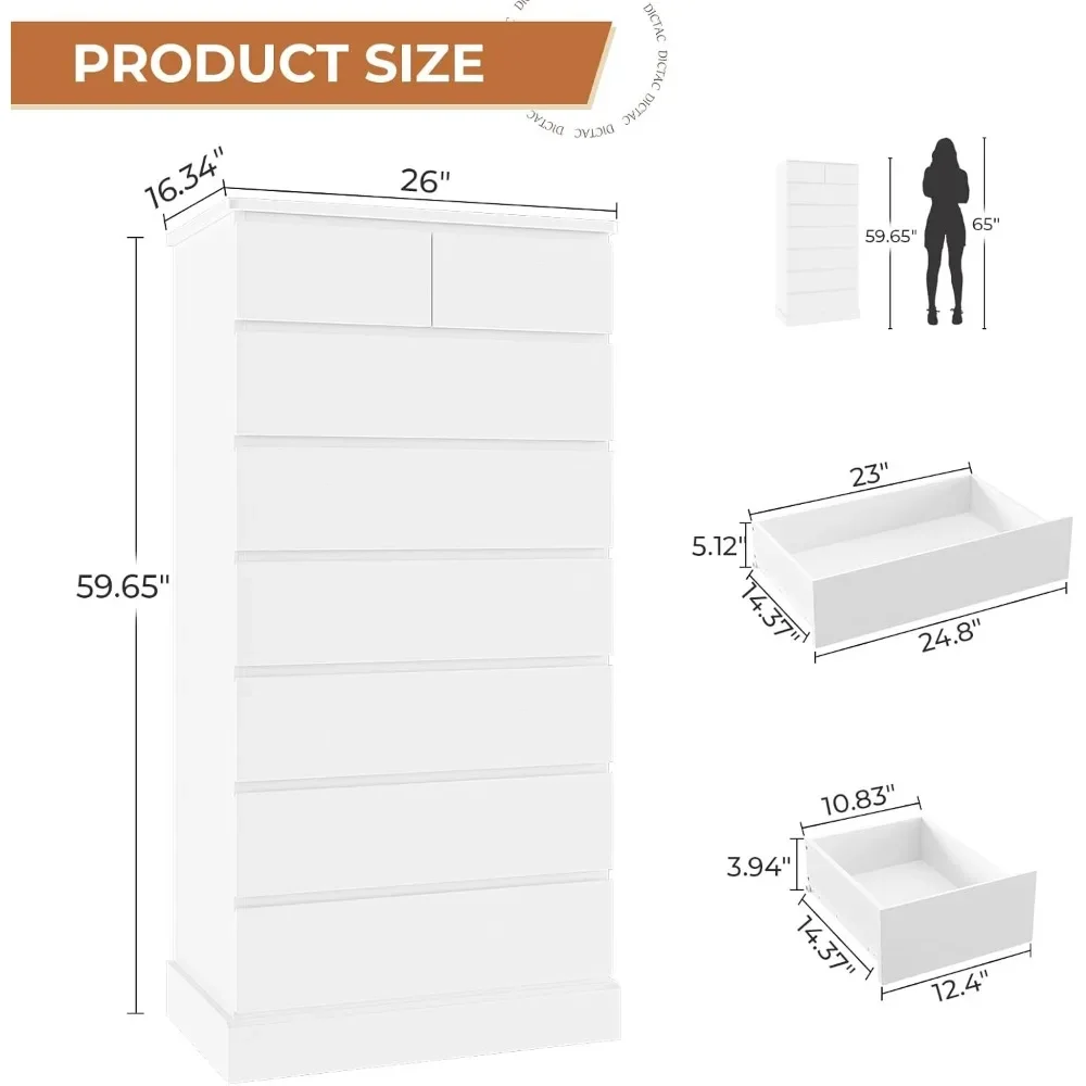 White Tall Dresser with 8 Drawers, 59.6