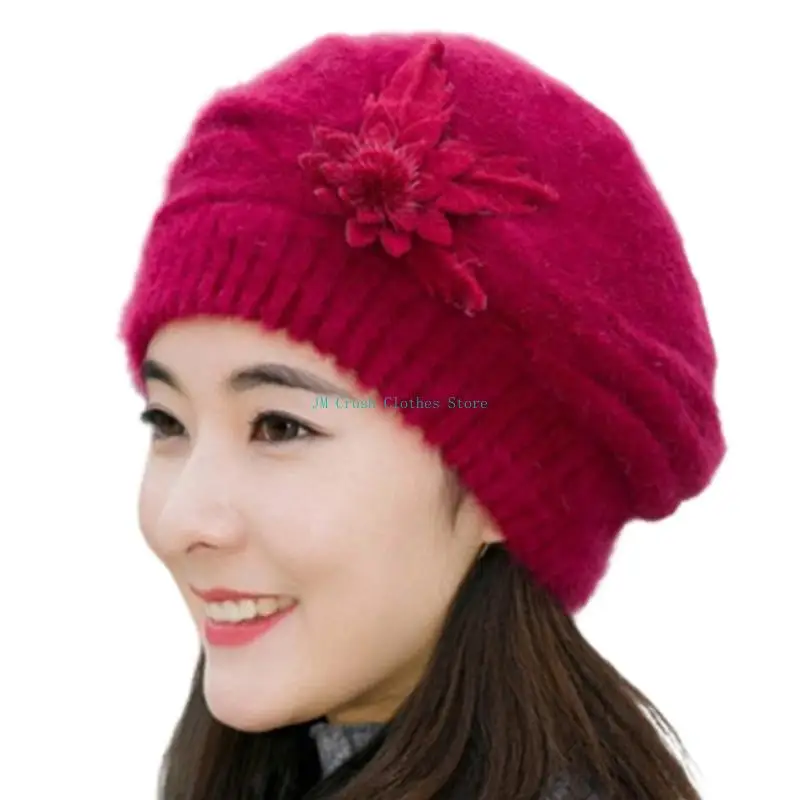 K1ME رشاقته فراء الأرانب محبوك Brimless زهرة الديكورات الشتاء قبعة يندبروف أغطية الرأس