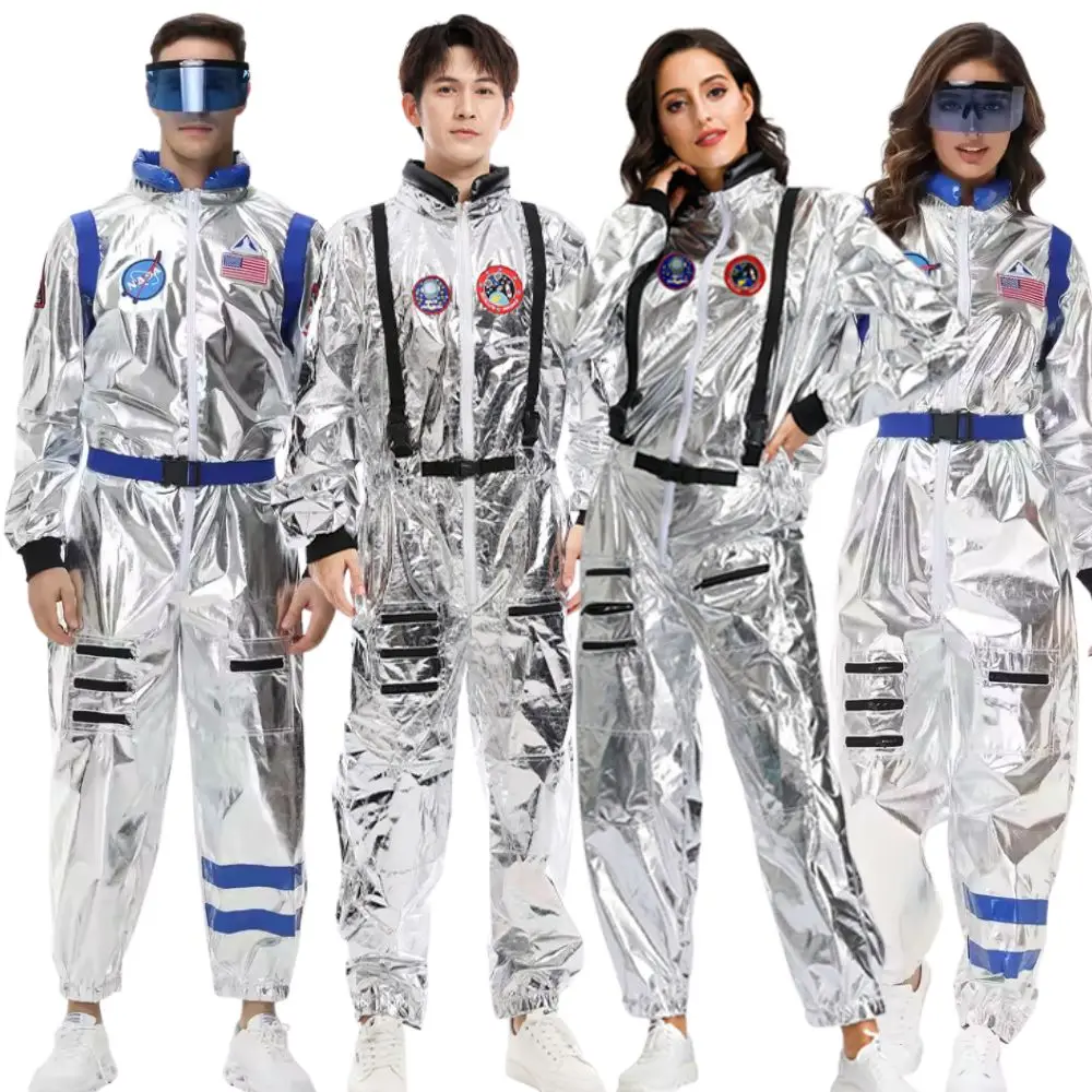 Disfraz de astronauta plateado para adultos, disfraz de astronauta para hombres y mujeres, mono espacial, disfraces de fantasía para Halloween y Carnaval